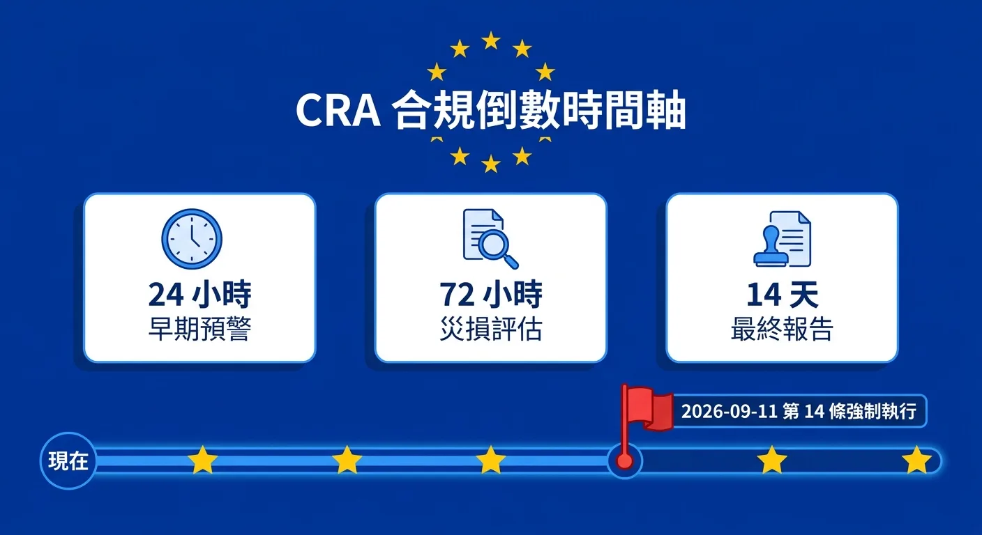 文章主視覺,呈現 CRA 強制執行日與三階段通報時程的整體框架 文章主視覺,呈現 CRA 強制執行日與三階段通報時程的整體框架