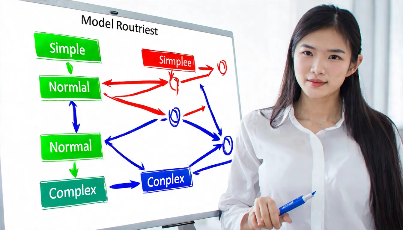 Whiteboard with model routing flowchart, "API Request" box at top branching into three paths pointing to different models