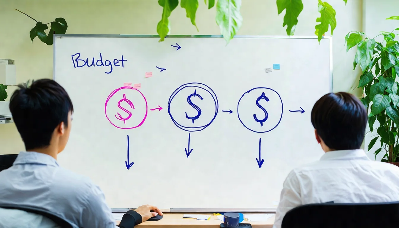 Startup office whiteboard with three-stage budget planning diagram