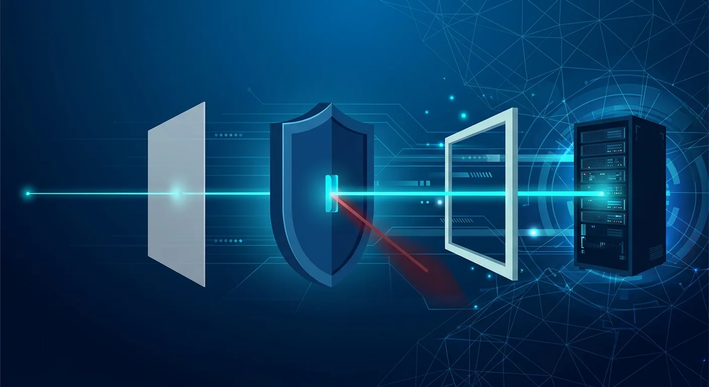 A request arriving from outside is stopped by the middle protection layer before it ever reaches the web server A request arriving from outside is stopped by the middle protection layer before it ever reaches the web server