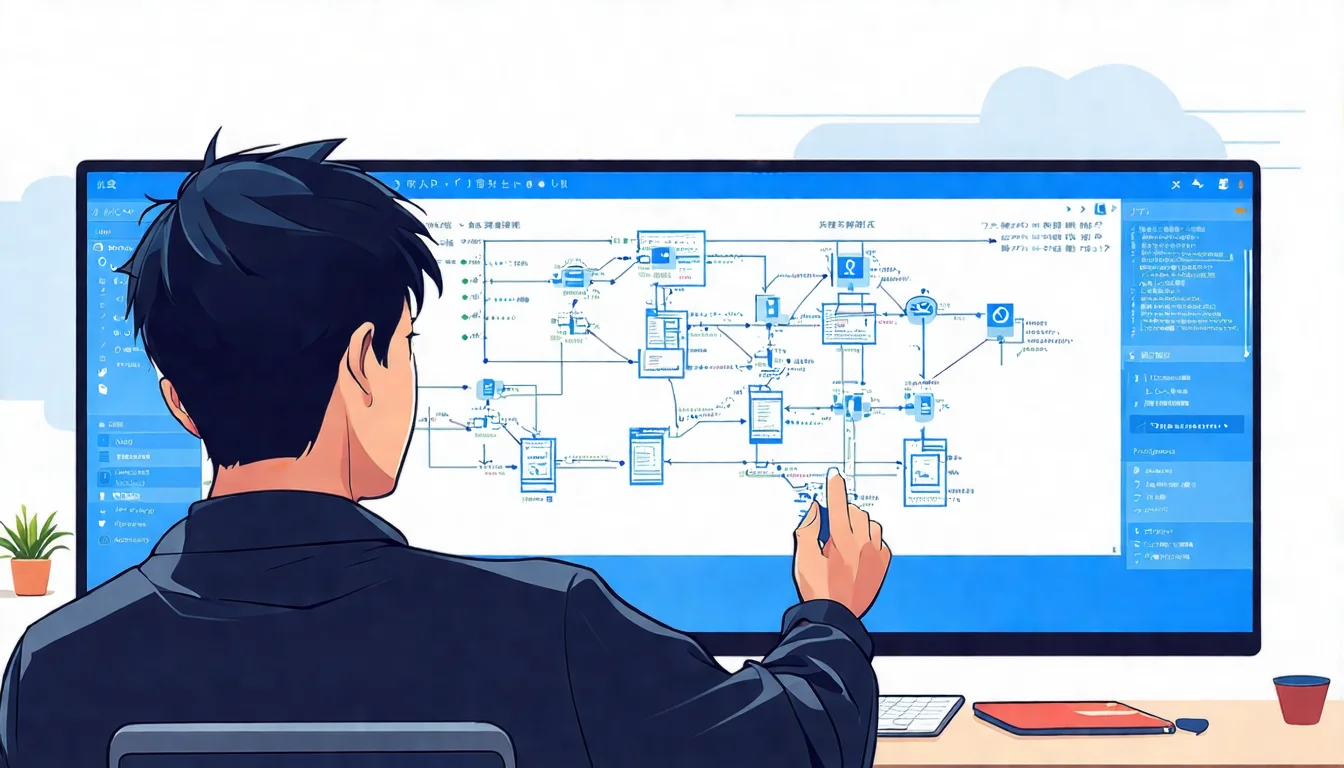 工程師檢視 12 Factor 應用架構 台灣軟體工程師在電腦前檢視程式碼架構圖,螢幕顯示微服務元件與依賴關係