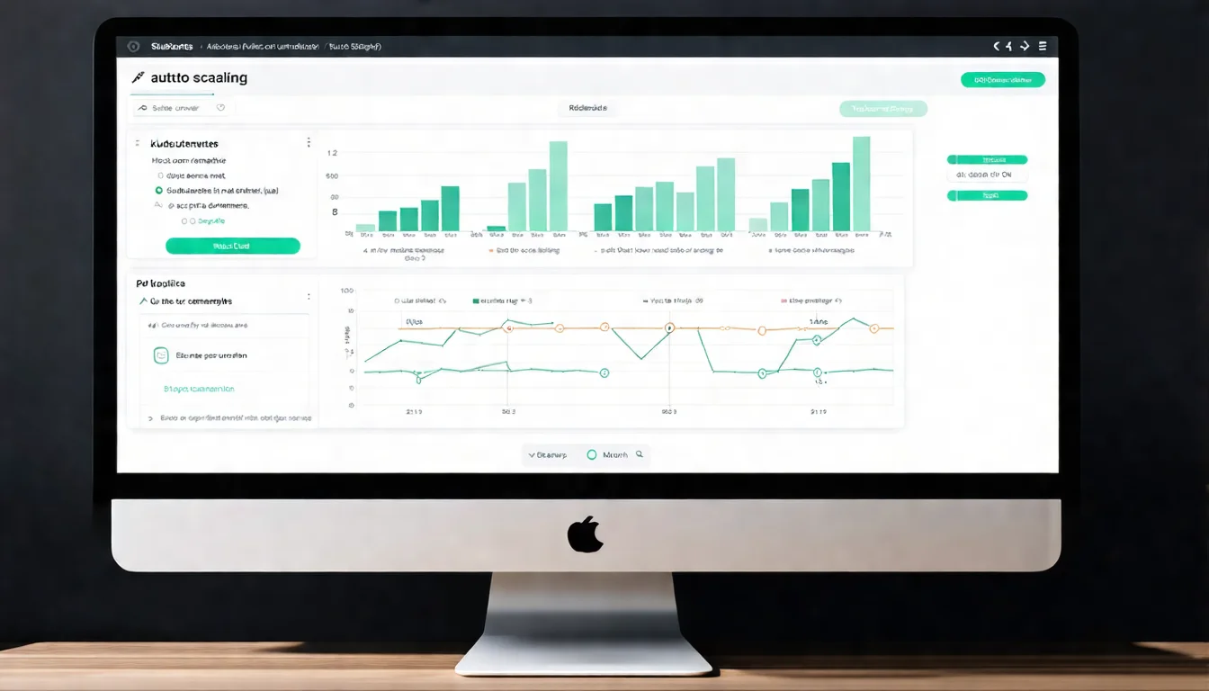 Kubernetes Pod 自動擴展儀表板 電腦螢幕顯示 Kubernetes 自動擴展儀表板,顯示多個 Pod 副本運行狀態