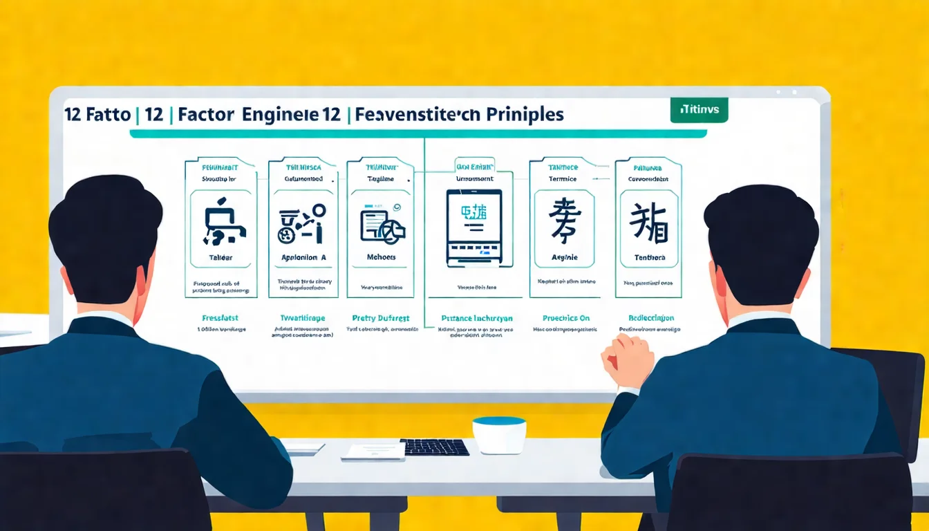 工程師團隊討論 12 Factor 實作策略 台灣工程師團隊在白板前討論 12 Factor 原則,白板上列出 12 項原則清單