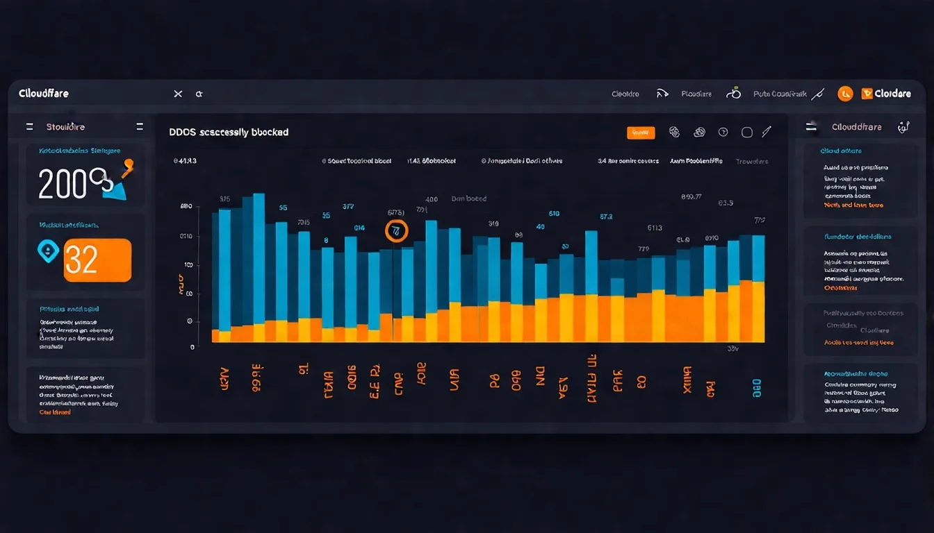 Cloudflare 成功阻擋 DDoS 攻擊 Cloudflare 儀表板顯示 DDoS 攻擊被成功阻擋的統計圖表