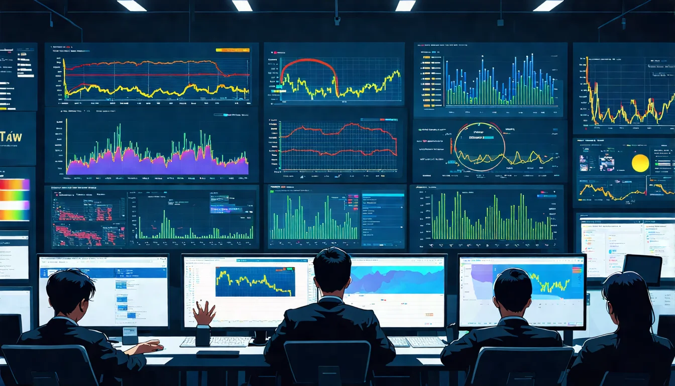 企業資安團隊監控 DDoS 攻擊 台灣企業資安團隊在監控中心查看多個螢幕,螢幕顯示網路流量圖表和警示訊息