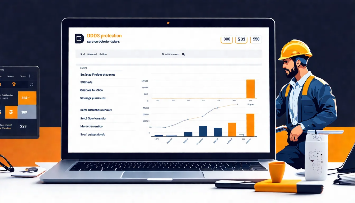 工程師評估 DDoS 防護服務方案 筆電螢幕顯示 DDoS 防護服務比較表格,旁邊有工程師正在評估方案