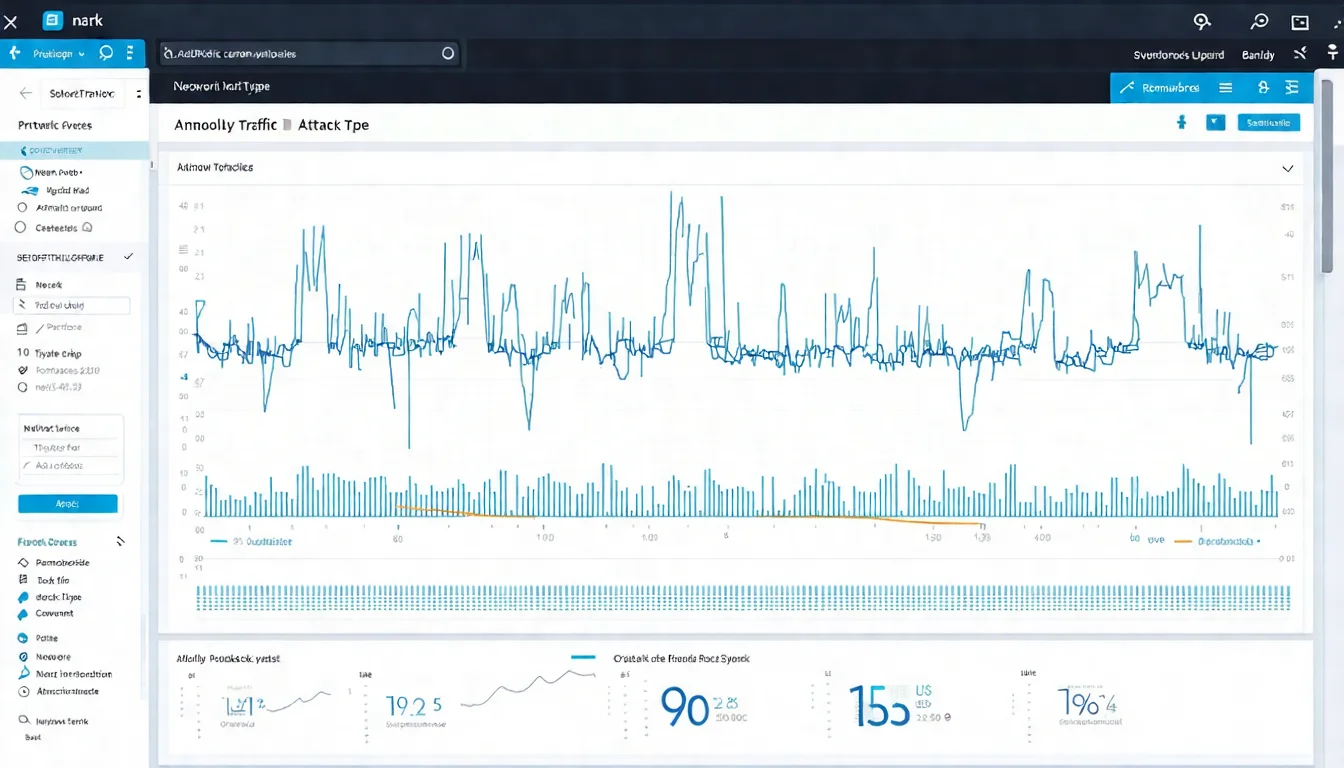 DDoS 攻擊流量分析儀表板 電腦螢幕顯示網路流量分析圖表,呈現異常流量峰值和攻擊類型標示