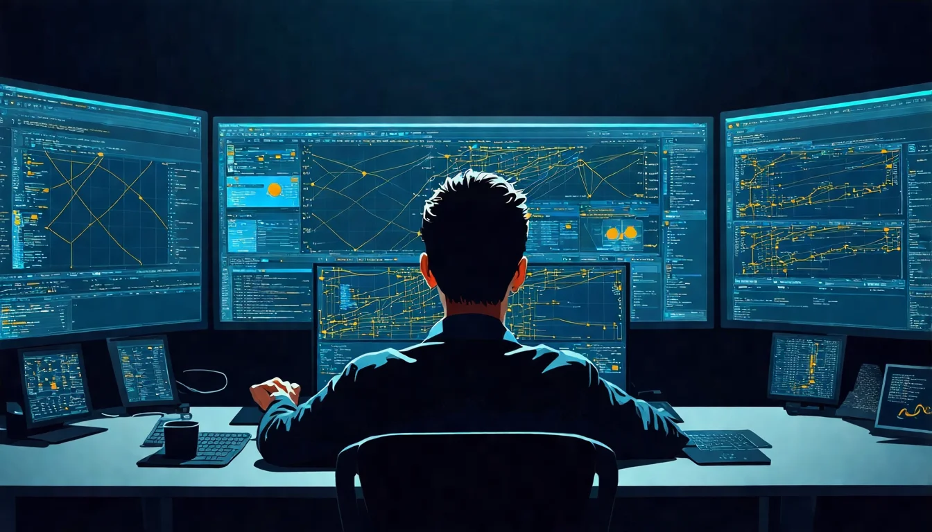 資安分析師研究 DDoS 攻擊流量 資安分析師在多螢幕工作站前研究網路攻擊流量圖,螢幕顯示異常封包分析